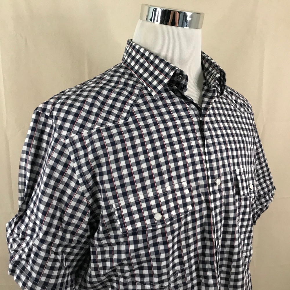 Johnston & Murphy Large Slim Fit Pearl Snap Shirt Navy Plaid Western Cotton Mens